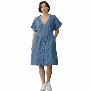 Madewell Button-Front V-Neck Mini Dress Blue Eyelet Cotton Pockets - Medium